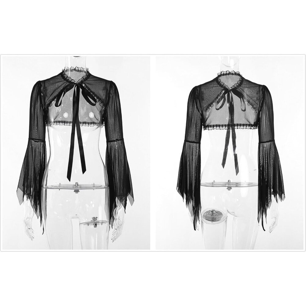 Women's Black 4 Goth Bell Long Sleeve Bolero Shrug Crop Top - Picture 4 of 6